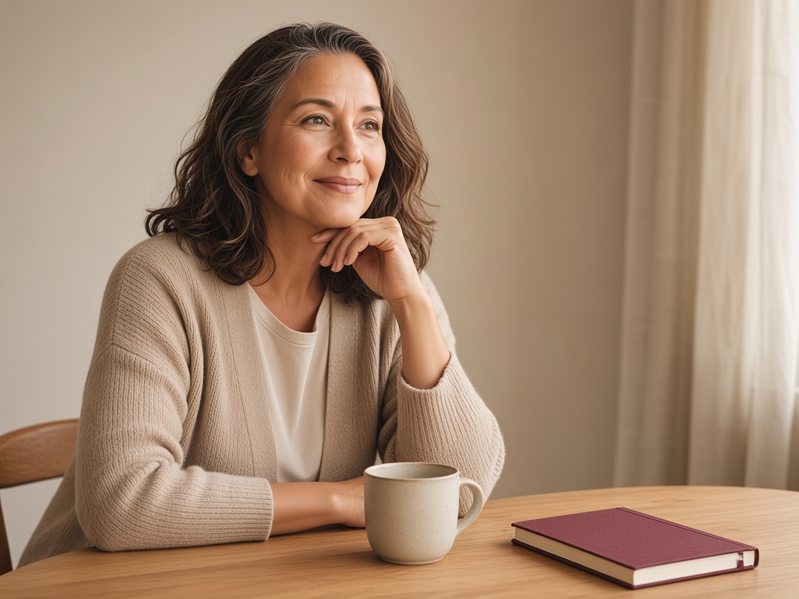 AI-generated illustration: woman relaxing with a mug (not a patient)